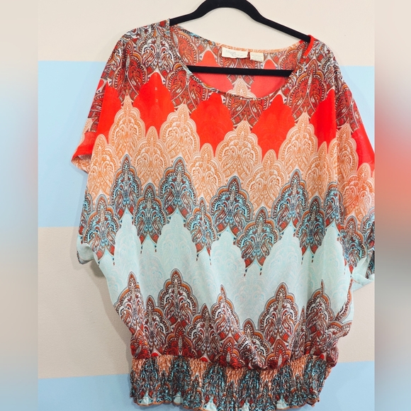Allison Brittney Boho Coral, Orange & Aqua Paisley Dolman - Picture 3 of 6